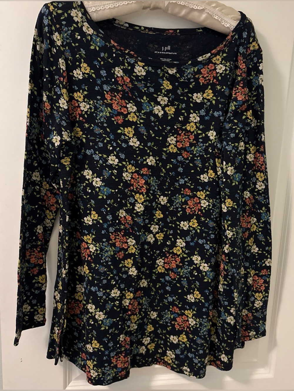 J Jill Pima A Line Printed Tunic-Multicolor Floral-Medium-Long Sleeve